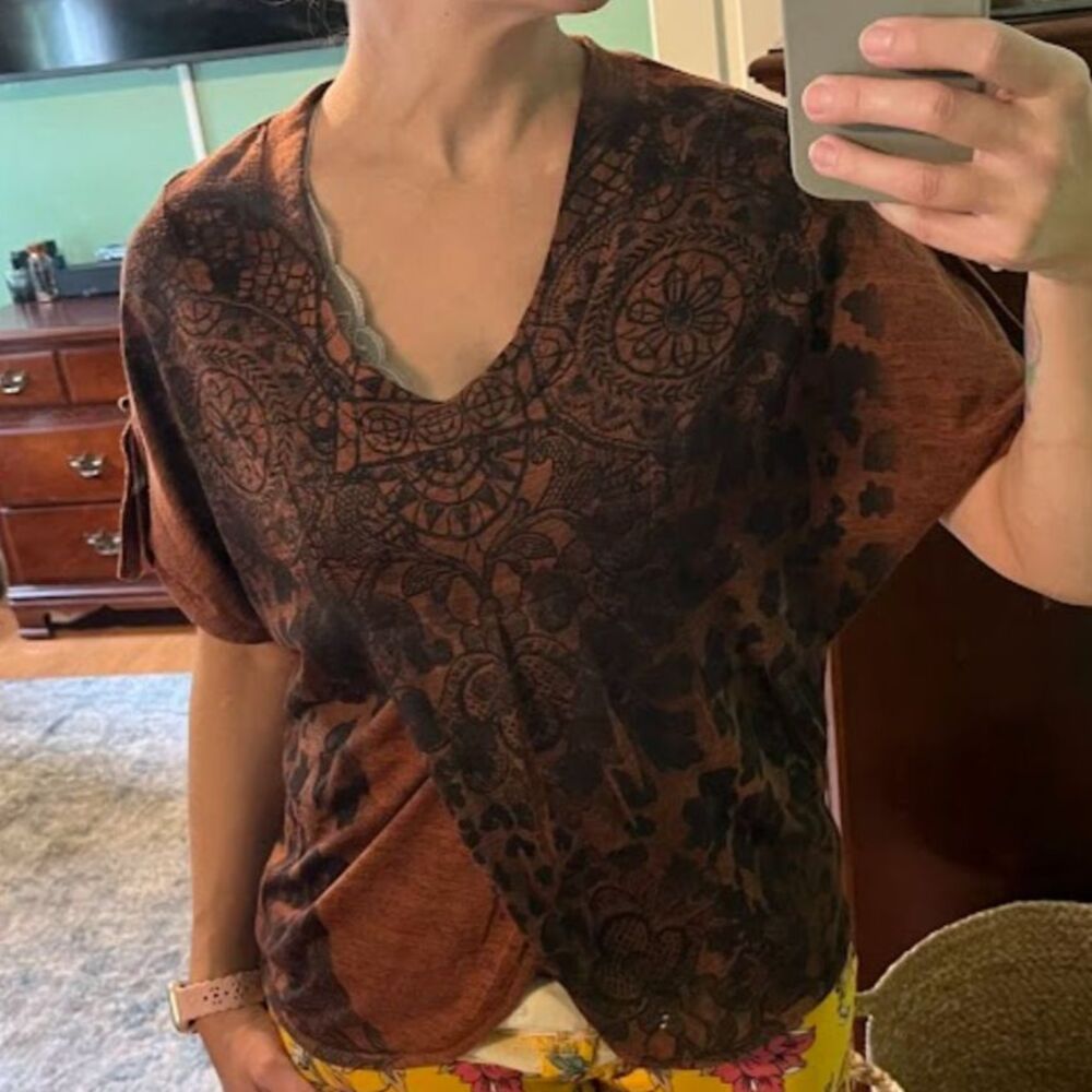 Daytrip Rust Colored Leopard & Floral Print Top - Size S